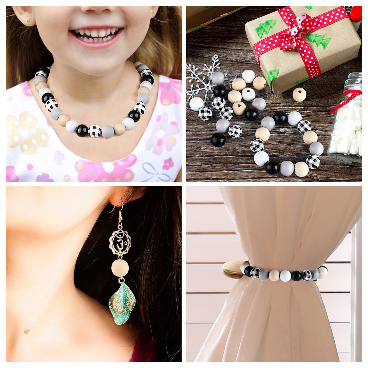 FEPITO 250 Pcs Plaid Wood Beads 16mm Farmhouse Checked Print Wood Beads Natural Buffalo Craft Wood Beads for Decoration Home Decor DIY Craft Supplies FEPITO