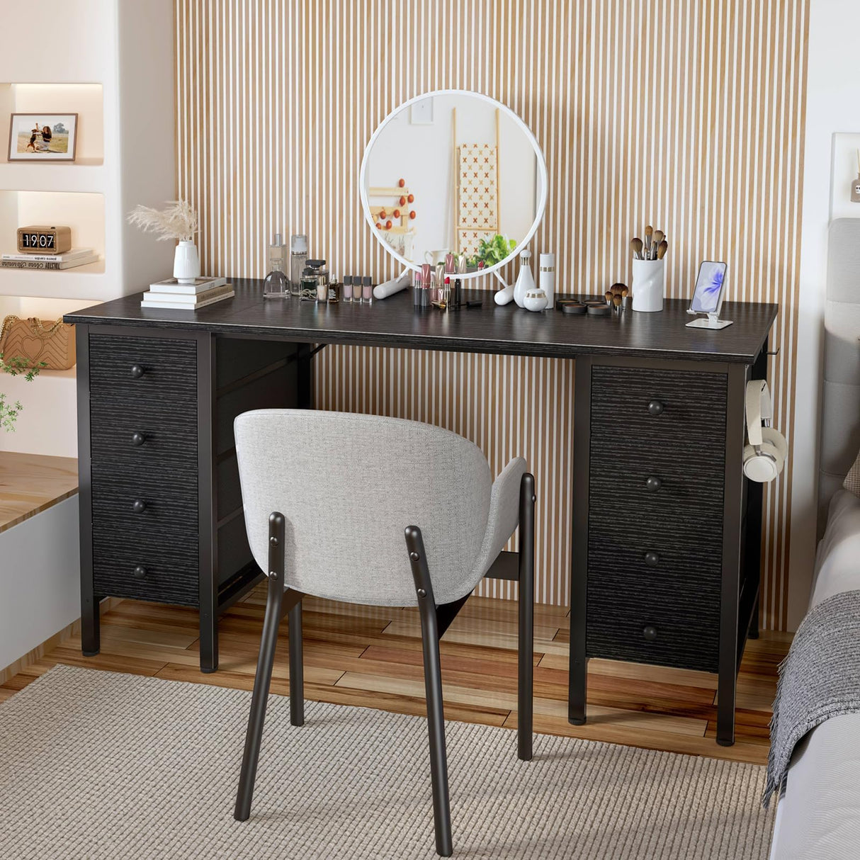 Black Gaming Desk with Drawers on Both Sides, 55 Inch Home Office Computer Study Writing Work PC Desk with 8 Storage Drawers Storage for Bedroom DLisiting