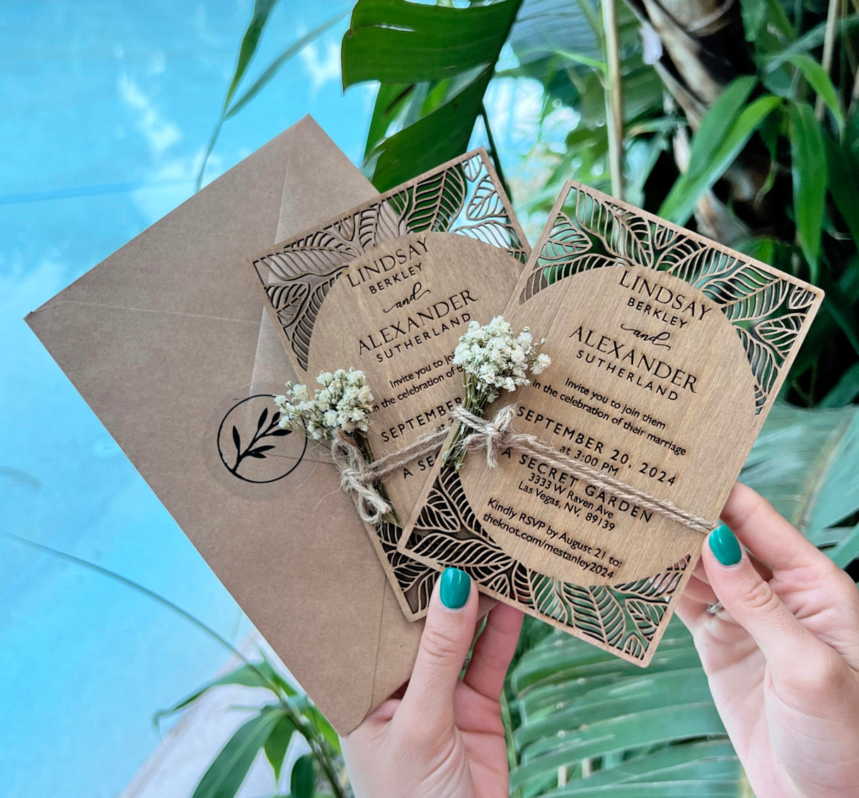 Pack of Personalized Wood Wedding Invitation - Laser Cut Wedding Invitations - White Flower Twined Wooden Invitations with Envelopes & Stickers - vitawed