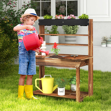 Costzon Kids Potting Bench, Wood Toy Gardening Center with 4 Pots, Chalkboard, Removable Sink, Storage Shelves, Mud Kitchen for Kids Outdoor Play Kitchen, Gift for Boys Girls 3+ Costzon