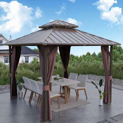 Yardsight Hardtop Gazebo 10' x 10', Outdoor Aluminum Frame Galvanized Steel Double Roof Pavilion with Netting and Shaded Curtains, Permanent Metal Pergolas for Patio, Backyard, Deck and Lawns - WoodArtSupply