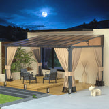 RTDTD 10' x 14' Gazebo，Hard Top Lean to Gazebo Wall Mount Heavy Hardtop Gazebo Outdoor Pergola with Curtains and Netting for Patio Garden Lawn Backyard Deck (Brown) RTDTD