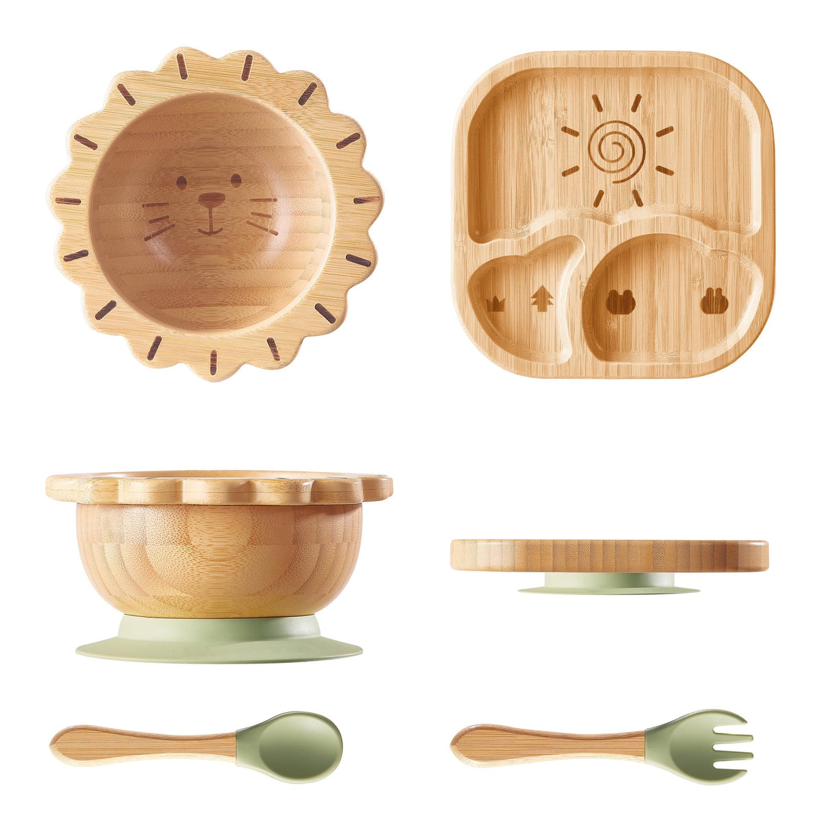 BABY REMEMBER Suction Plates Bowls Set for Baby Toddler Non-Toxic Bamboo Feeding Set with Silicone Fork & Spoon (Green Feeding Set) BABY REMEMBER