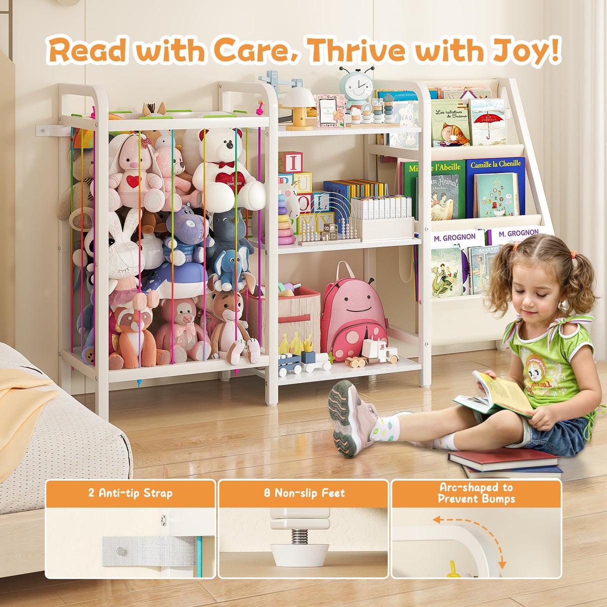 CYXPHION B1 Kids Bookshelf and Toy Storage, 3-Tier Book Shelf for Kids Rooms, Sling Baby Bookcase with Stuffed Animal Storage, Montessori Toddler Bookshelf for Nursery, Bedroom, Playroom, White CYXPHION