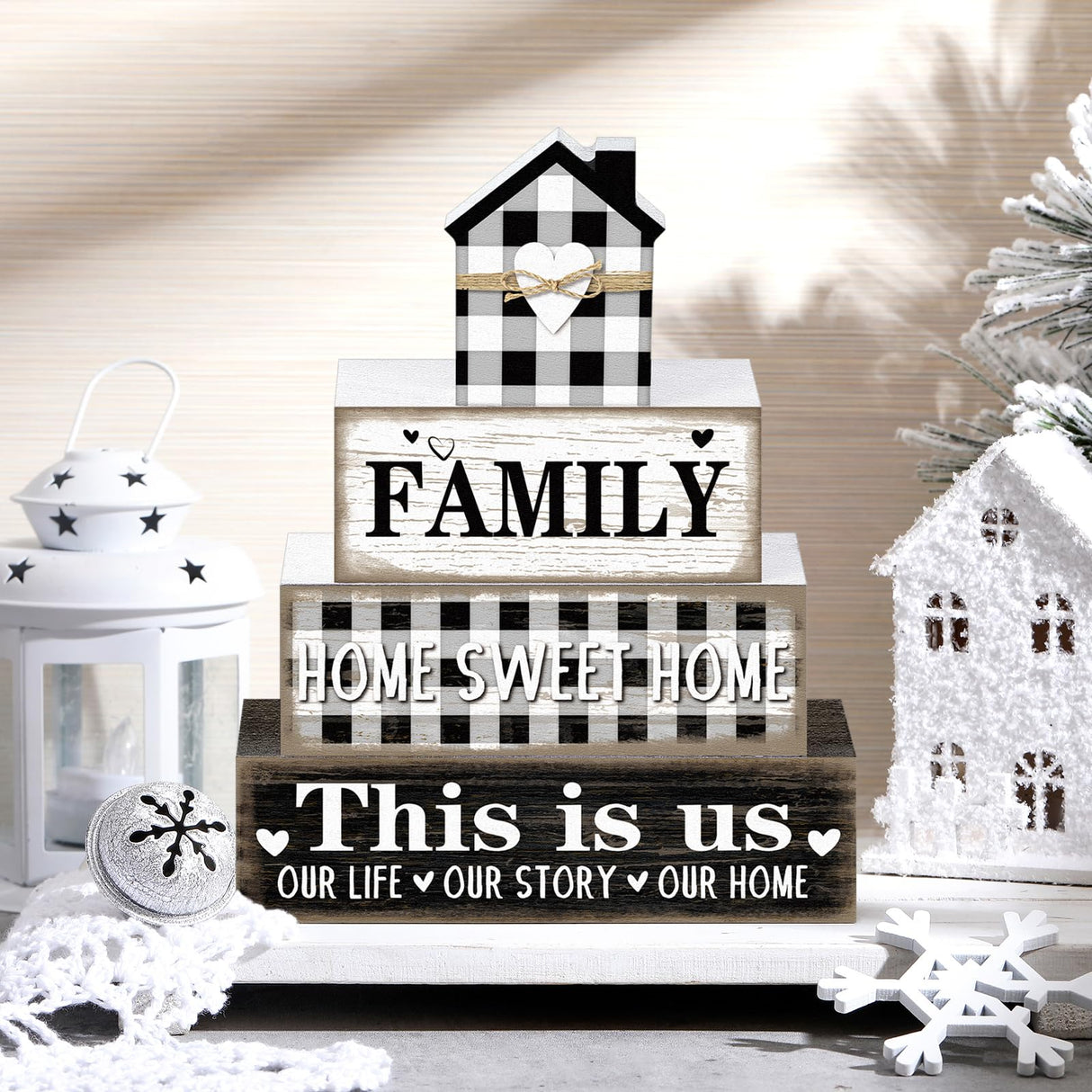 Cinnvoice Farmhouse Wooden Tabletop Decor Home Tiered Tray Decor Rustic Retro Family Home Sweet Home This Is Us Wood Sign Neutral Decorations for Coffee Shelf Desk Centerpiece Decoration Cinnvoice