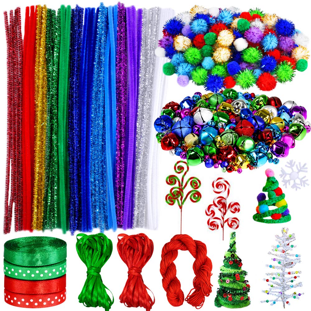 Winlyn 475 Set Christmas Jingle Bell Wreath Christmas Tree Ornaments Craft Kit Jingle Bell Metallic Chenille Stems Glitter Pom-Poms Ribbon Assortment for Kids Holiday Xmas Bracelets Necklaces Artwork Winlyn
