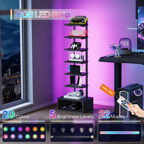 CHOEZON 8-Tier Bookshelf, LED Bookcase with Semi-Open Bottom, Small Space Standing Shelf with Lights, Corner Storage Stand, for Living Room, Home Office, Bedroom, Black TSJ08DBB CHOEZON