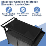 Xilingol Outdoor Bar Table, Wicker Bar Cart with Cabinet, Patio Serving Cart with Tempered Glass Top, Lockable Wheels, Rounded Handle & Side Basket for Garden, Poolside & Backyard, Black Xilingol