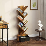 Rolanstar 7 Tier Bookshelf with Drawer, Tree Bookshelf, Small Bookshelves with Storage Rack for CDs/Movies/Books, Standing Book Shelf, Tall Narrow Bookcase for Living Room, Bedroom, Rustic Brown Rolanstar