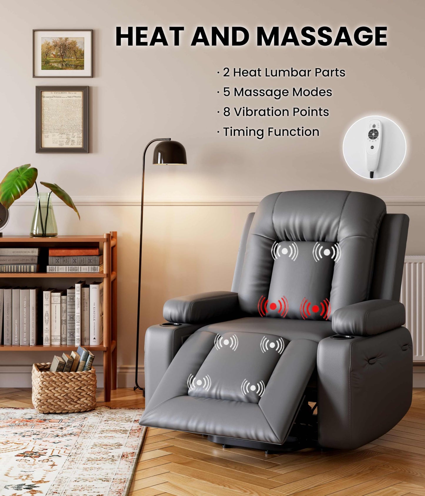 GarveeHome Power Lift Recliner Chair - Heat and Massage, Adjustable Back and Legs, PU Leather Electric Lift Chair Designed for The Elderly and People with Mobility impaired