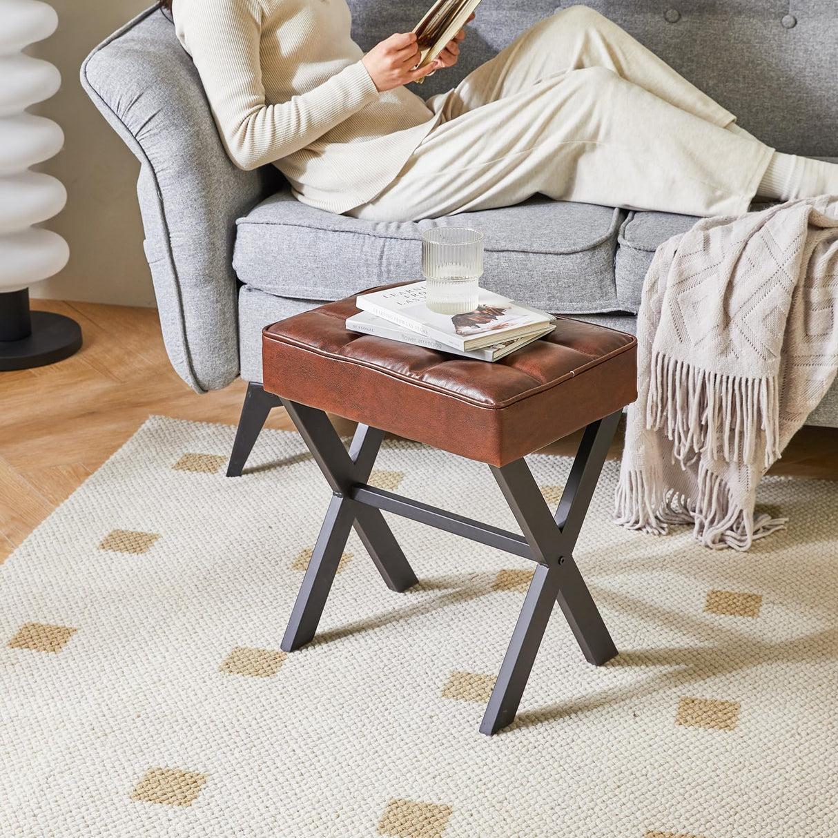 IBUYKE Square Makeup Stool with X-Leg Foot Rest, PU Footrest Stool, Ottoman Seat Vanity Stool, Multi-Use as Small Side Table, for Bedroom, Living Room, Dark Brown LG-71Z IBUYKE