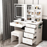 AIEGLE Large Vanity Desk Set with Sliding Lighted Mirror & Build-in Power Strip, 3 Colors LED Lighted Makeup Vanity Drawer Dressing Table with Hair Dryer Rack & Cushioned Stool, White - Power Strip AIEGLE