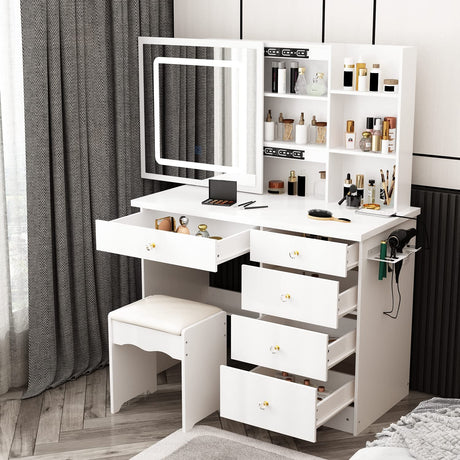 AIEGLE Large Vanity Desk Set with Sliding Lighted Mirror & Build-in Power Strip, 3 Colors LED Lighted Makeup Vanity Drawer Dressing Table with Hair Dryer Rack & Cushioned Stool, White - Power Strip AIEGLE