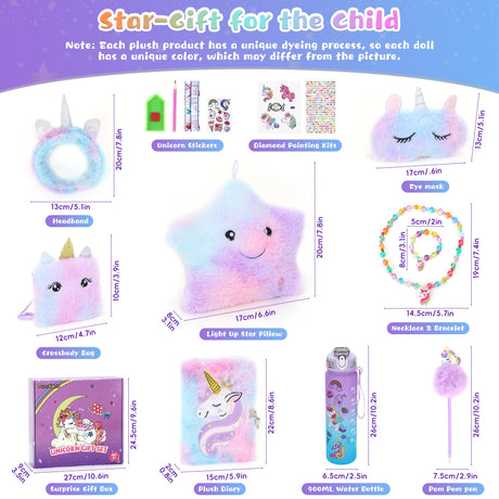PERRYHOME Unicorns Gifts for Girls Age 4 5 6 7 8 9 10+ Birthday Back to School Day Gifts,Soft Plush Toys Set with Light-up Star Pillow,DIY 900ML Bottle,Diary,Coin Purse,Unicorn Plush Accessory PERRYHOME