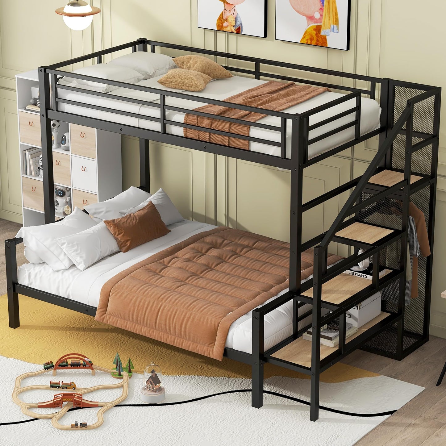 Harper & Bright Designs Twin Over Full Bunk Bed with Stairs, Metal Stairway Bunk Bed Frame with Storage and Open Wardrobe, for Kids Teens Adults - Black