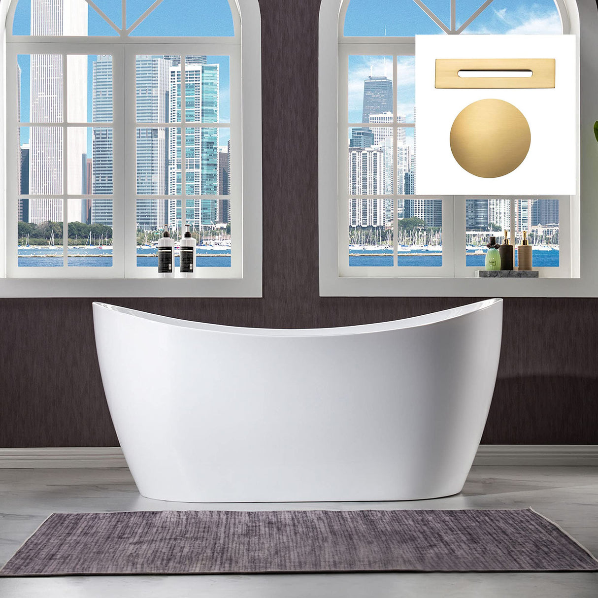 WOODBRIDGE 59" Acrylic Freestanding Bathtub Contemporary Soaking White Tub with Brushed Gold Overflow and Drain，B0016 -BG-Drain &O WOODBRIDGE