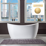 WOODBRIDGE 59" Acrylic Freestanding Bathtub Contemporary Soaking White Tub with Brushed Gold Overflow and Drain，B0016 -BG-Drain &O WOODBRIDGE