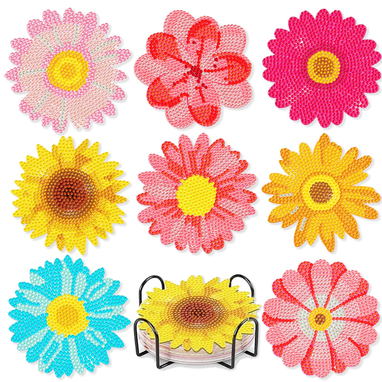 Leatrice 8PCS Flower Diamond Art Coasters Small Diamond Painting Kits for Adults Beginners Women Gem Art Coasters with Holder Funny DIY Crafts for Home Decor Leatrice