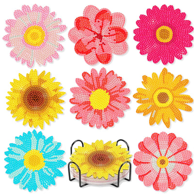 Leatrice 8PCS Flower Diamond Art Coasters Small Diamond Painting Kits for Adults Beginners Women Gem Art Coasters with Holder Funny DIY Crafts for Home Decor