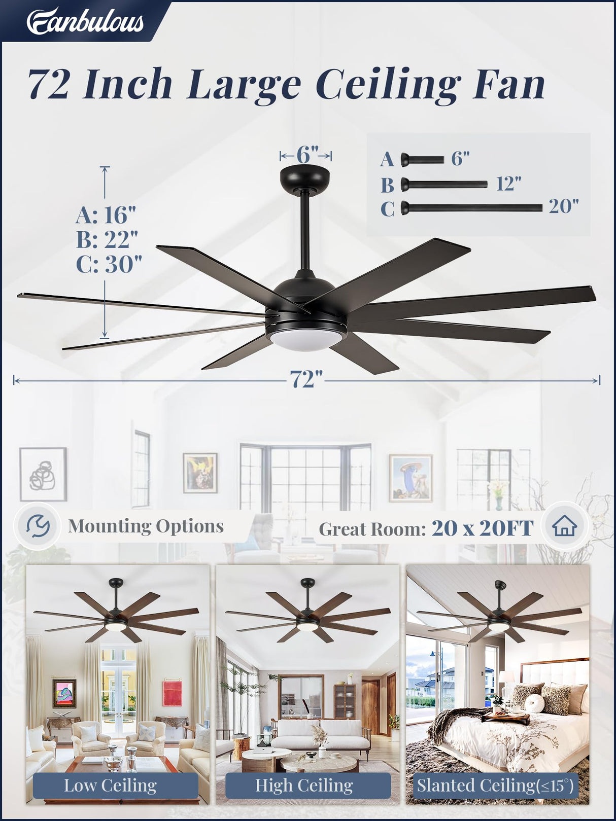 Fanbulous Ceiling Fans with Lights, 72 inch Large Ceiling Fan with Light and Remote, Outdoor Black Ceiling Fan for Living Room Patio, 6 Speeds, Reversible Quiet DC Motor, 3 CCT, Bi-color 8 Blades Fanbulous