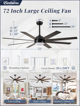 Fanbulous Ceiling Fans with Lights, 72 inch Large Ceiling Fan with Light and Remote, Outdoor Black Ceiling Fan for Living Room Patio, 6 Speeds, Reversible Quiet DC Motor, 3 CCT, Bi-color 8 Blades Fanbulous