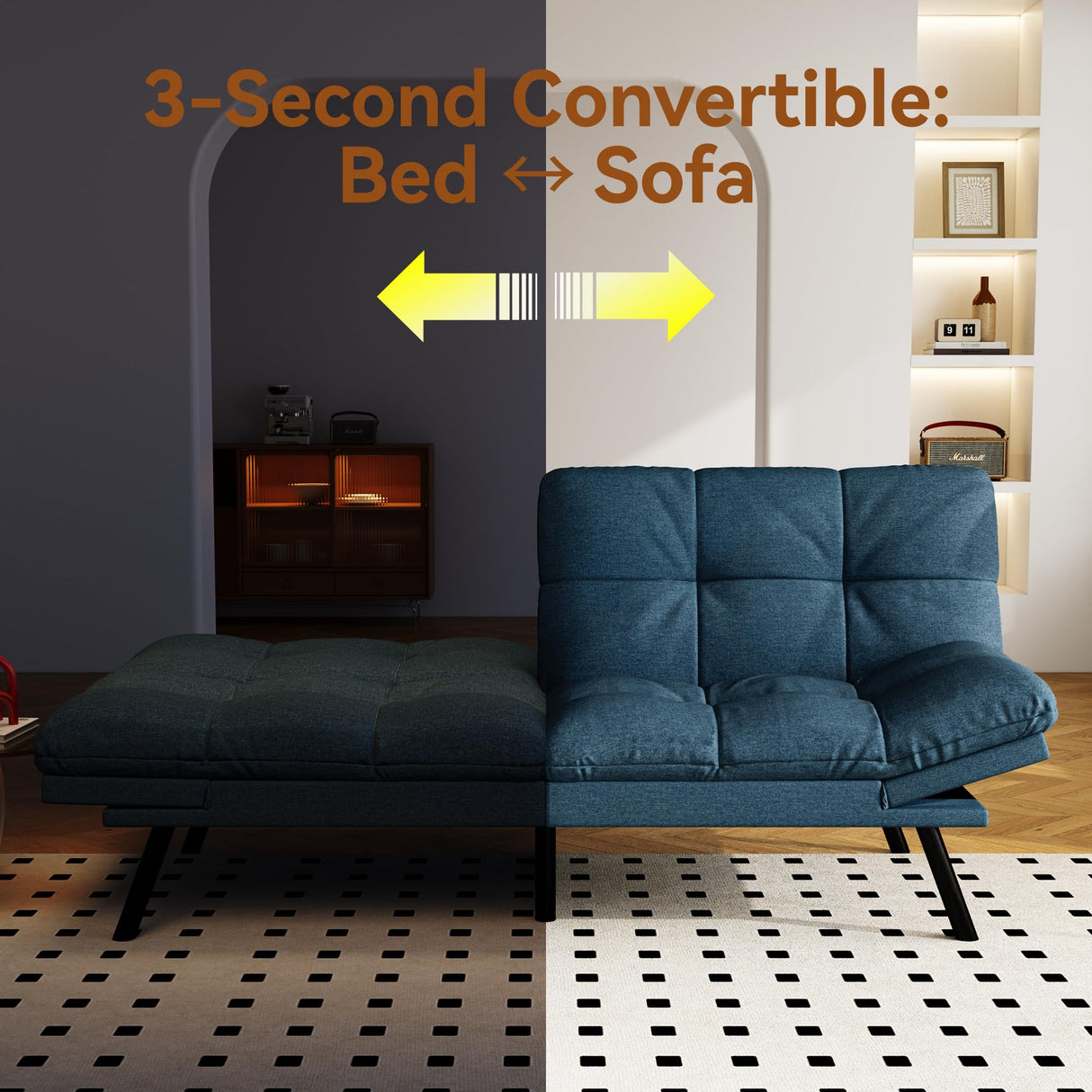 Vipbear Convertible Futon Sofa Bed, Blue Linen Futon Couch with Adjustable Backrest & Armrests, Folding Small Recliner Sleeper Sofa Bed for Living Room, Apartment, Office Vipbear