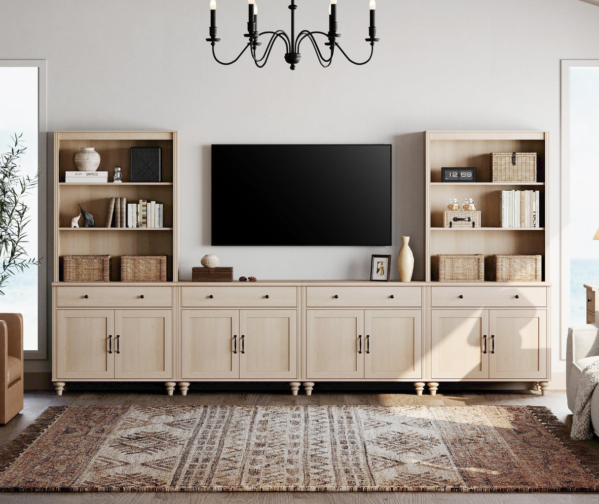 WAMPAT Entertainment Center with Bookshelves for TVs up to 75", Farmhouse Wall Unit TV Stand with 8 Doors & 4 Drawer, Media Console Table for Living Room, Bedroom & Home Theater, Beige WAMPAT