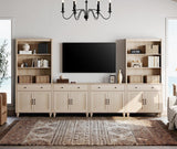 WAMPAT Entertainment Center with Bookshelves for TVs up to 75", Farmhouse Wall Unit TV Stand with 8 Doors & 4 Drawer, Media Console Table for Living Room, Bedroom & Home Theater, Beige WAMPAT