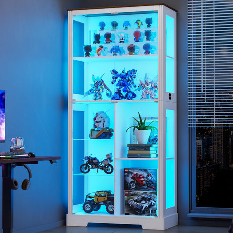 Lvifur Display Cabinet with Glass Doors, Modern Curio Cabinet with 3 Color Lights, 7-Tiers Glass Display Cases for Collectibles, Tall Storage Cabinet with Human Body Sensor for Living Room (White) Lvifur