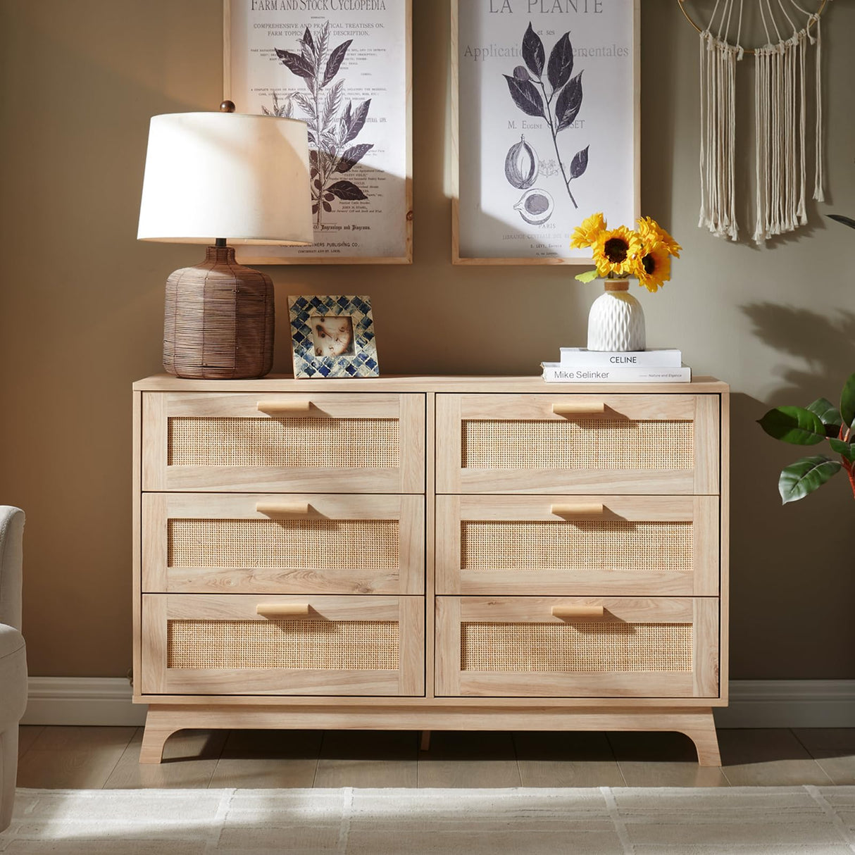 Okvnbjk 6 Drawer Dresser for Bedroom, Rattan Dressers & chests of Drawers with Wood Handles, Boho Chest of Drawers for Bedroom, Living Room and Entryway, Oak Okvnbjk