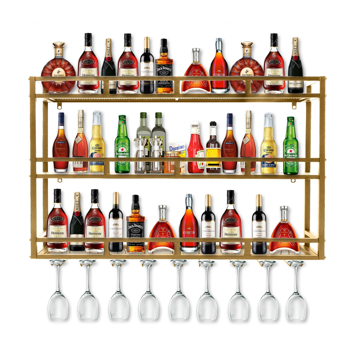 HFTUW Metal Wine Rack Wall Mounted, Bar Shelves for Liquor Bottles with LED Light, 3 Tier Large Capacity Liquor Rack Wall Mounted with Glass Holder for Home Bar & Dining Room （Gold, 47in/120cm） HFTUW