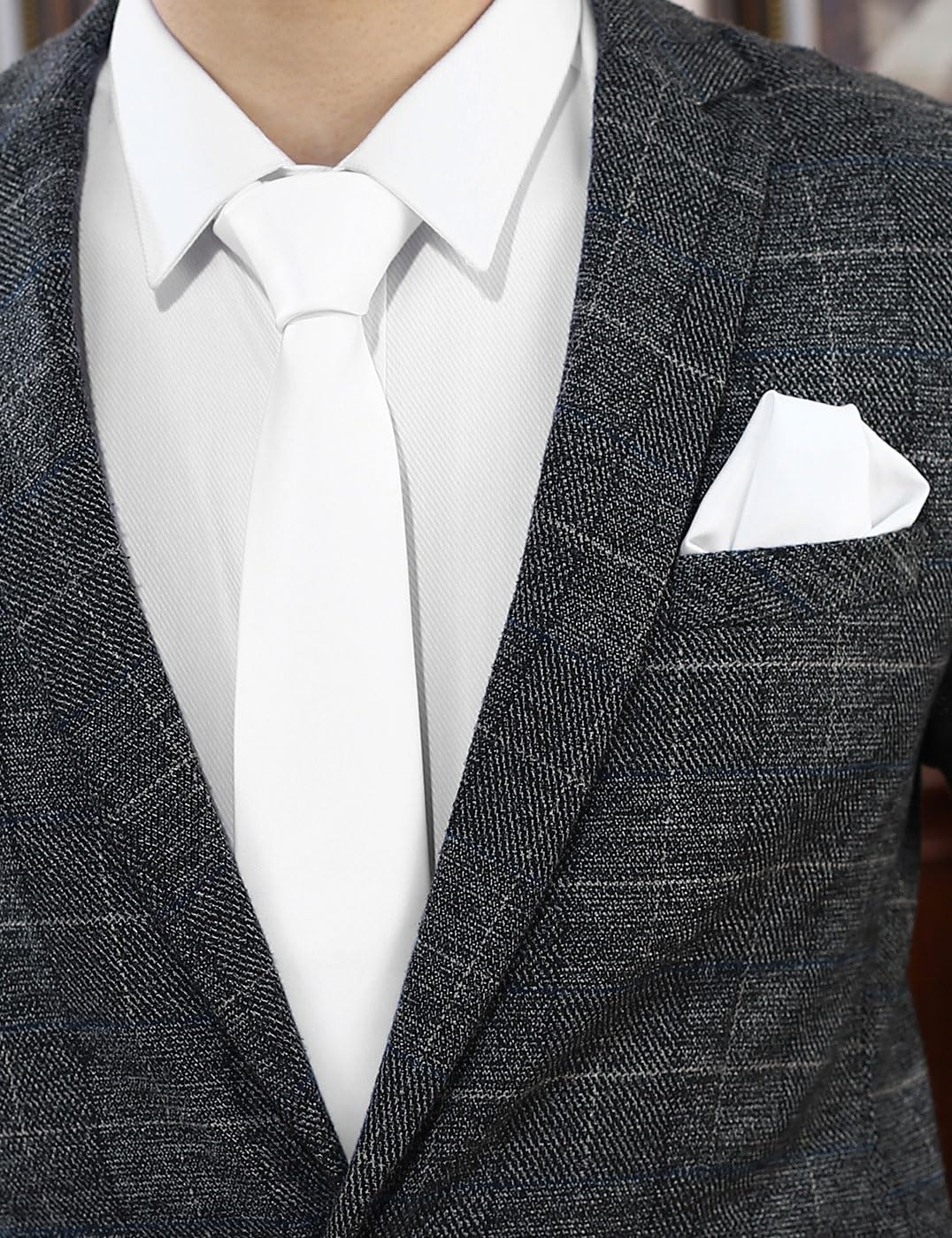 PenSee Men's White Tie Set Solid Pure Color 3.15" (8CM) Classic Formal Plain Necktie and Pocket Square Set For Men PenSee