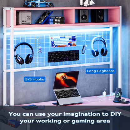 U Shaped Desk with Monitor Stand and LED Lights, U Shaped Gaming Desk with Storage Shelves, Large Computer Desk with Power Outlets, Large Corner Office Desk with 4 Drawers,Pink