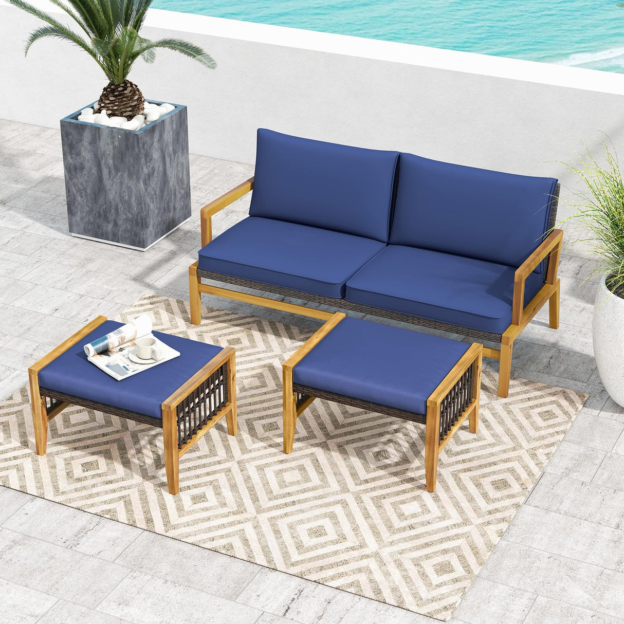 Tangkula Set of 2 Outdoor Ottomans, Patio Acacia Wood Ottomans with Cushions, Versatile Rattan Woven Footstools, Wicker Footrest Extra Seating for Backyard, Poolside, Porch Tangkula