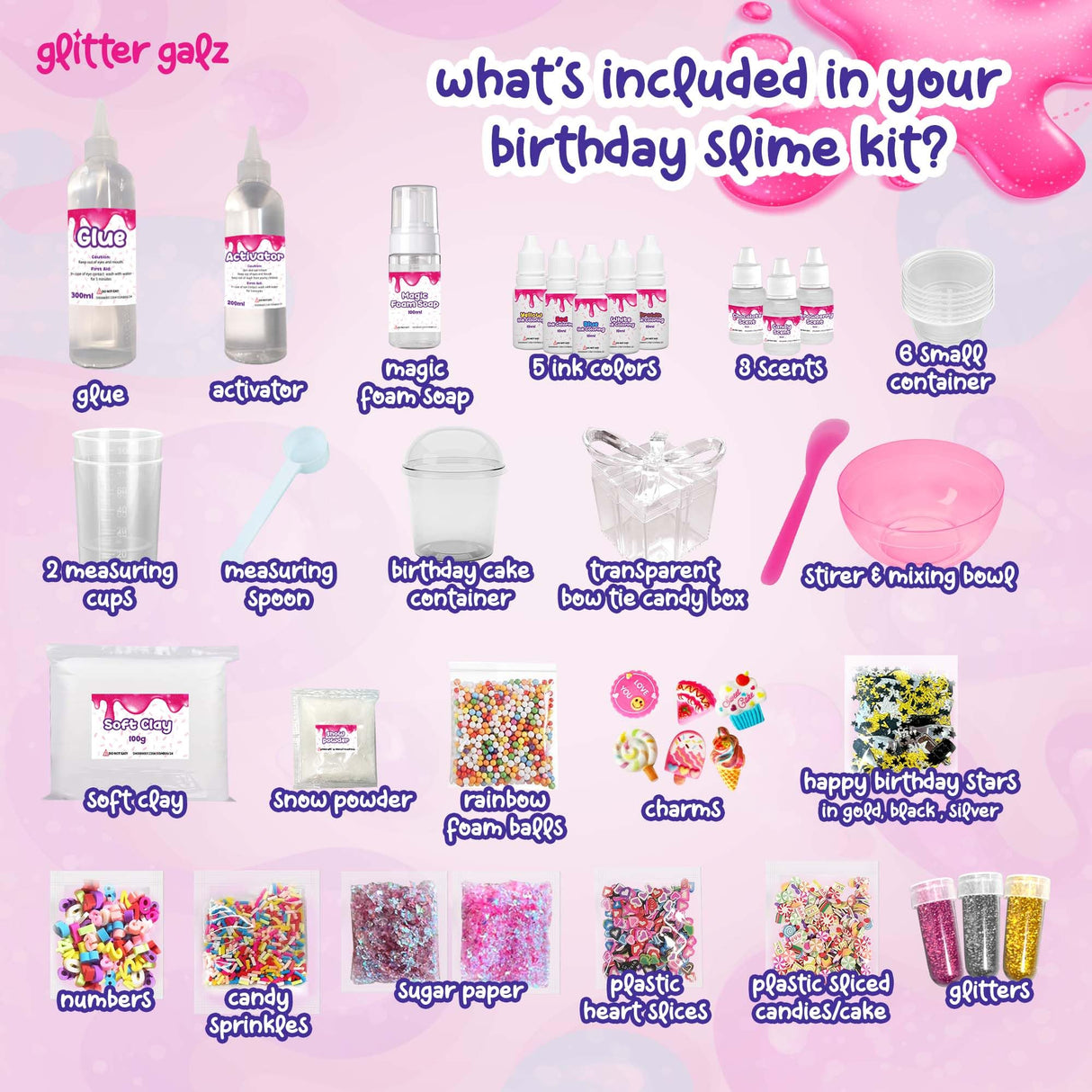 Glitter Galz 42-Piece Slime Kit for Kids Ages 6 8 10 12 + DIY Slime Birthday Party Slime Favors Activity Making Kit - Includes Sprinkles, Scents, Glitters, Powders, and Storage Container Glitter Galz