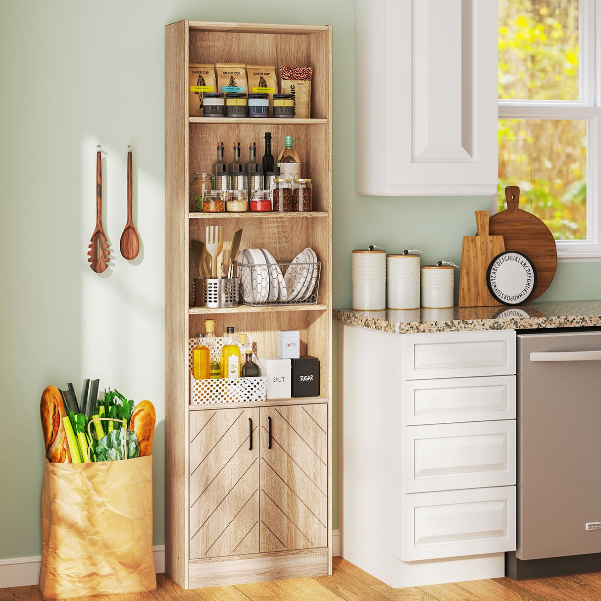 Giantex 6-Tier Bookshelf with Double Doors, 71" Tall Bookcase w/ 4 Open Cubes & 3 Adjustable Shelves, Mid Century Display Cabinet, Modern Floor Storage Organizer for Living Room, Study, Oak (1) Giantex