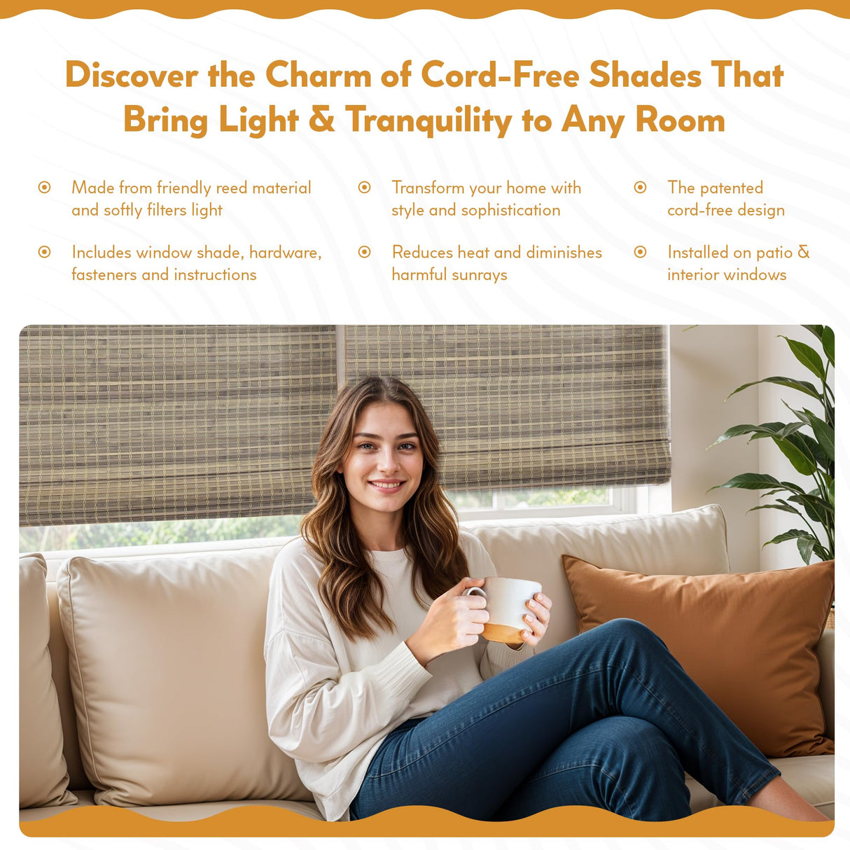 Radiance Cordless Bamboo Roman Shades for Windows - Flatweave Bamboo Blinds for Reduce Bright Light - Easy to Lift & Fold Up Window Shades - Driftwood - 35 in. W x 48 in. L - (02208870E) Radiance