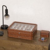 ROTHWELL 18-Slot Watch Case with Drawer – Luxury Watch Box for Men, Real Glass Top, Lockable, Display Case for Collections (Tan/Brown) ROTHWELL