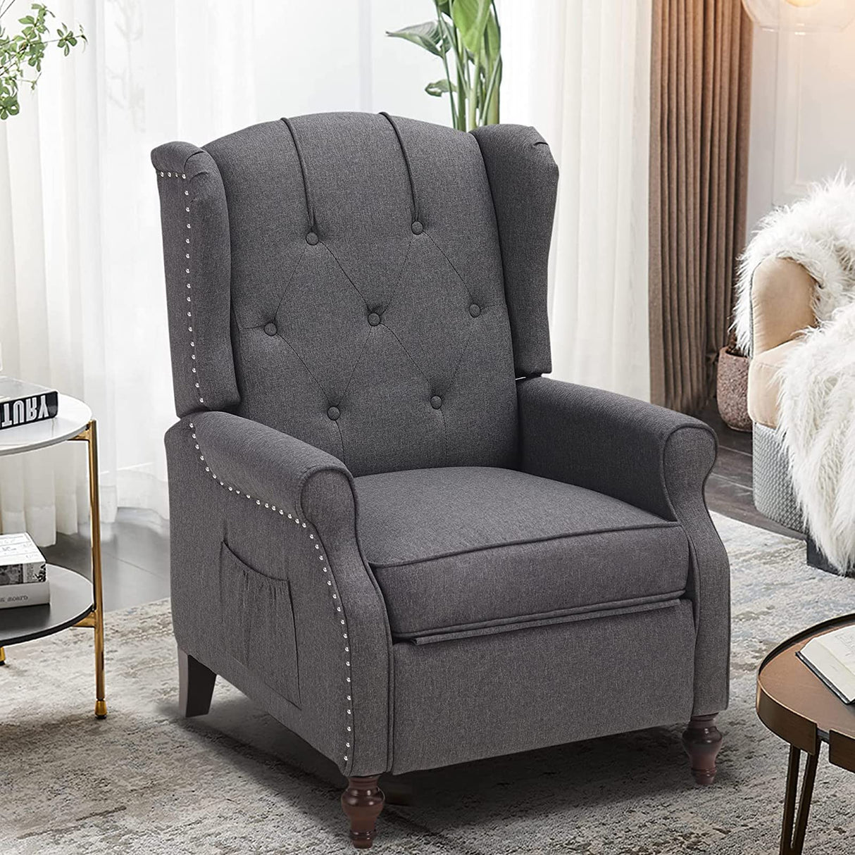 Consofa Wingback Recliner Chair with Massage and Heat, Wingback Recliner Tufted Fabric Push Back Recliner Chair for Living Room, Vintage Wingback Chair with Remote Control, Padded Cushion, Wooden Legs Consofa