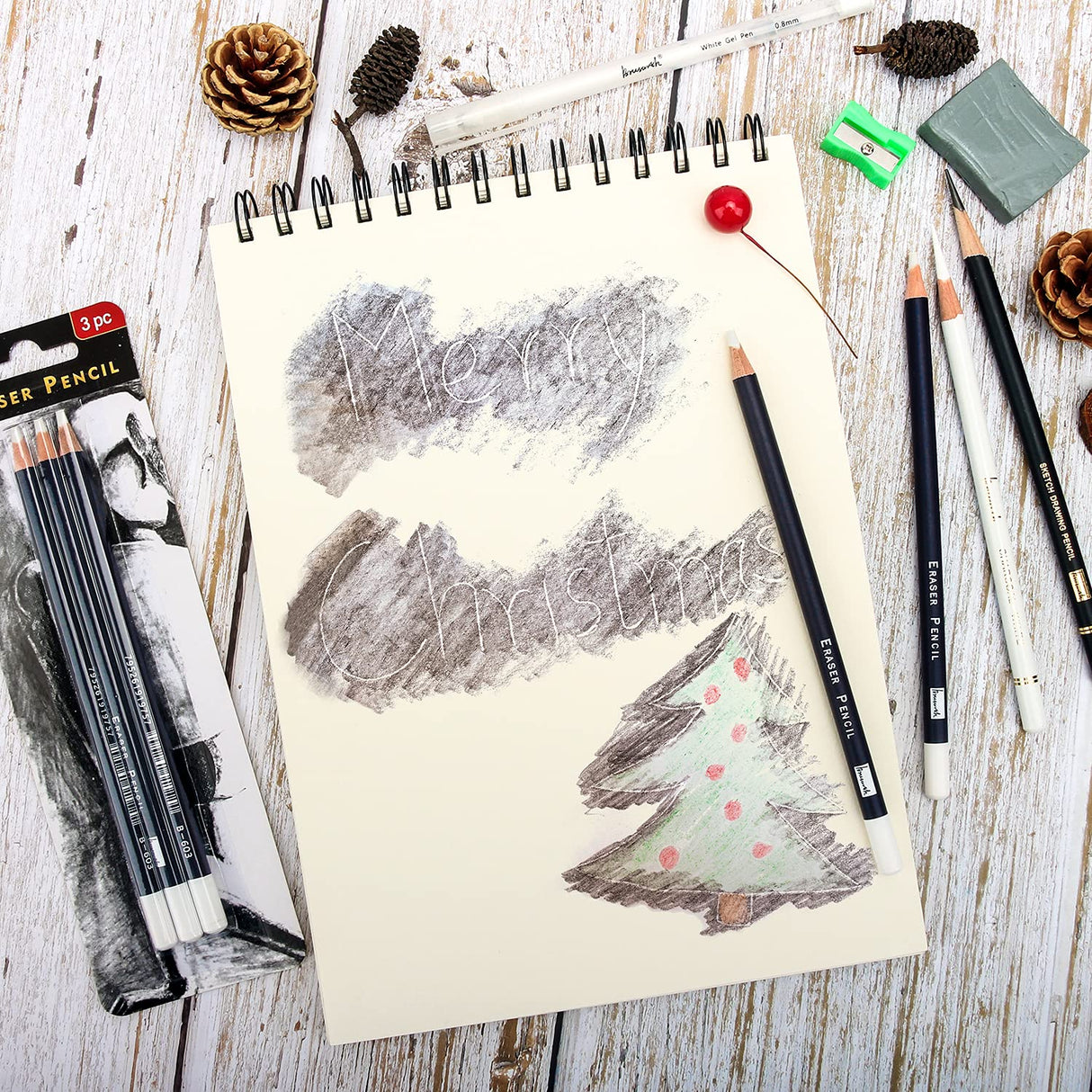 Brusarth 3pc Eraser Set - Fine Detail Eraser for Sketching, Charcoal Drawings & Colored Pencils Brusarth