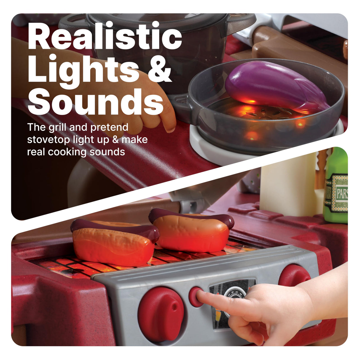 Step2 Grand Walk-In Kitchen & Grill Kids Playset, Indoor/Outdoor Kitchenette, Interactive Play with Lights and Sounds, Durable Plastic, 103 Piece Toy Accessories, Toddlers 2+ Years Old, Brown/Tan Step2