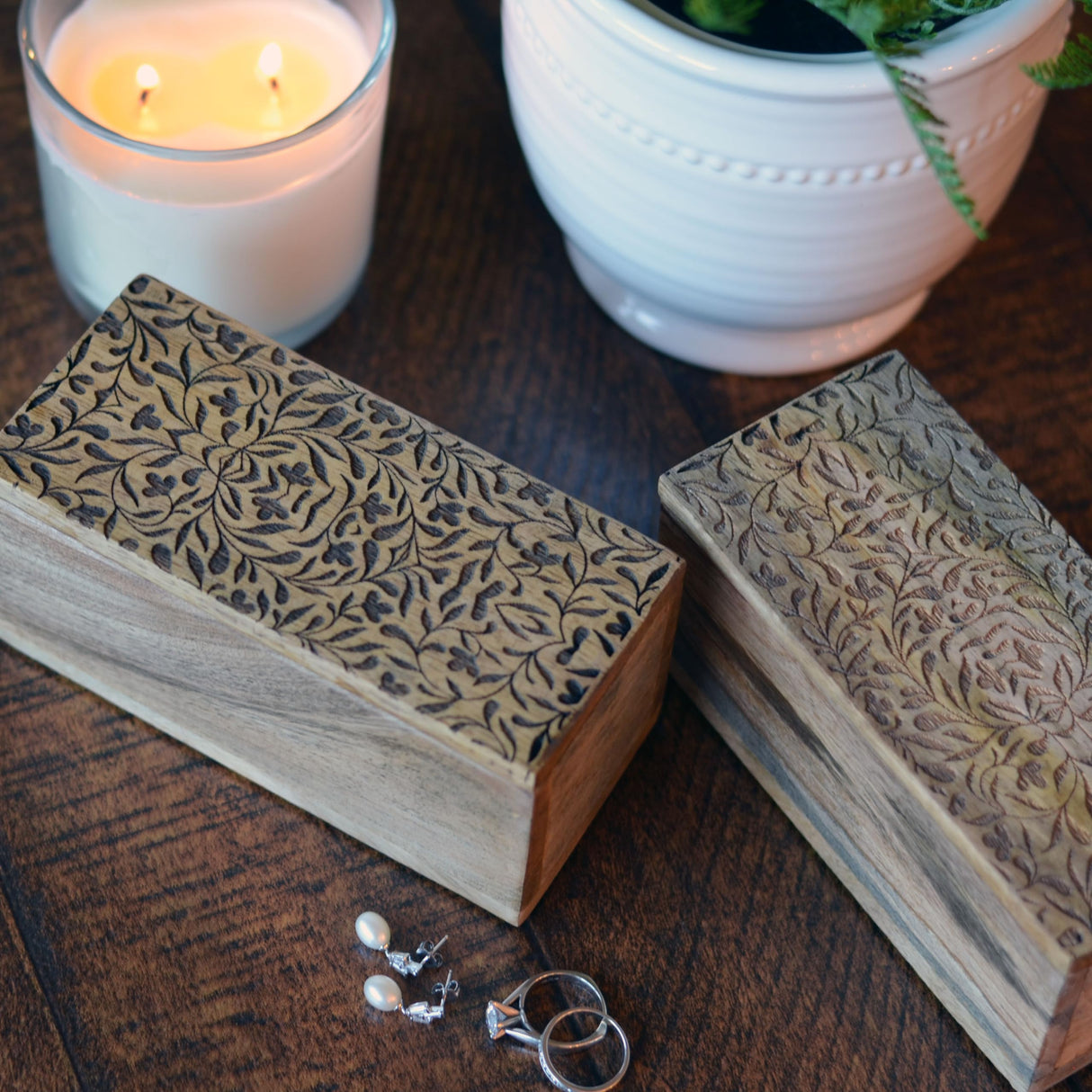 WHW Whole House Worlds Decorative Wood Boxes, Set of 2, CarvedLeaf and Vine Details, Removable Lids, Durable Brown Mango, 6 Inches WHW Whole House Worlds