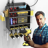 Drill Holder Wall Mount with 8-Outlet Charging Station, 190lbs Load 4 Layers Carbon Steel Heavy Duty Power Tool Organizer Wall Mount for Garage & Workshop, 4 Drill Holders, Modular Pegboard Rack OKKMAX