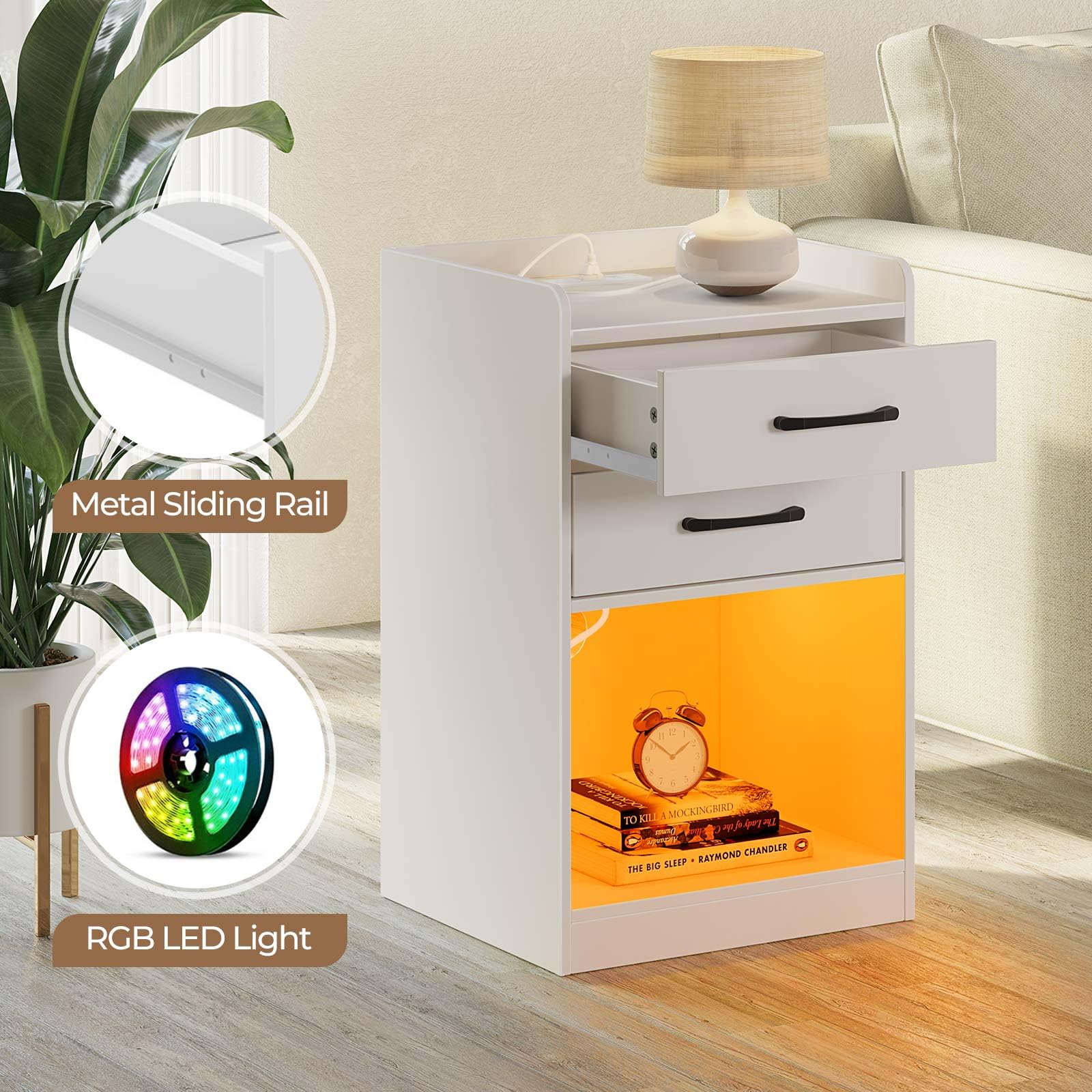 Seventable Nightstand with Charging Station and LED Lights, Modern Night Stand with 2 Drawers and Storage Open Compartment for Bedroom, White - WoodArtSupply