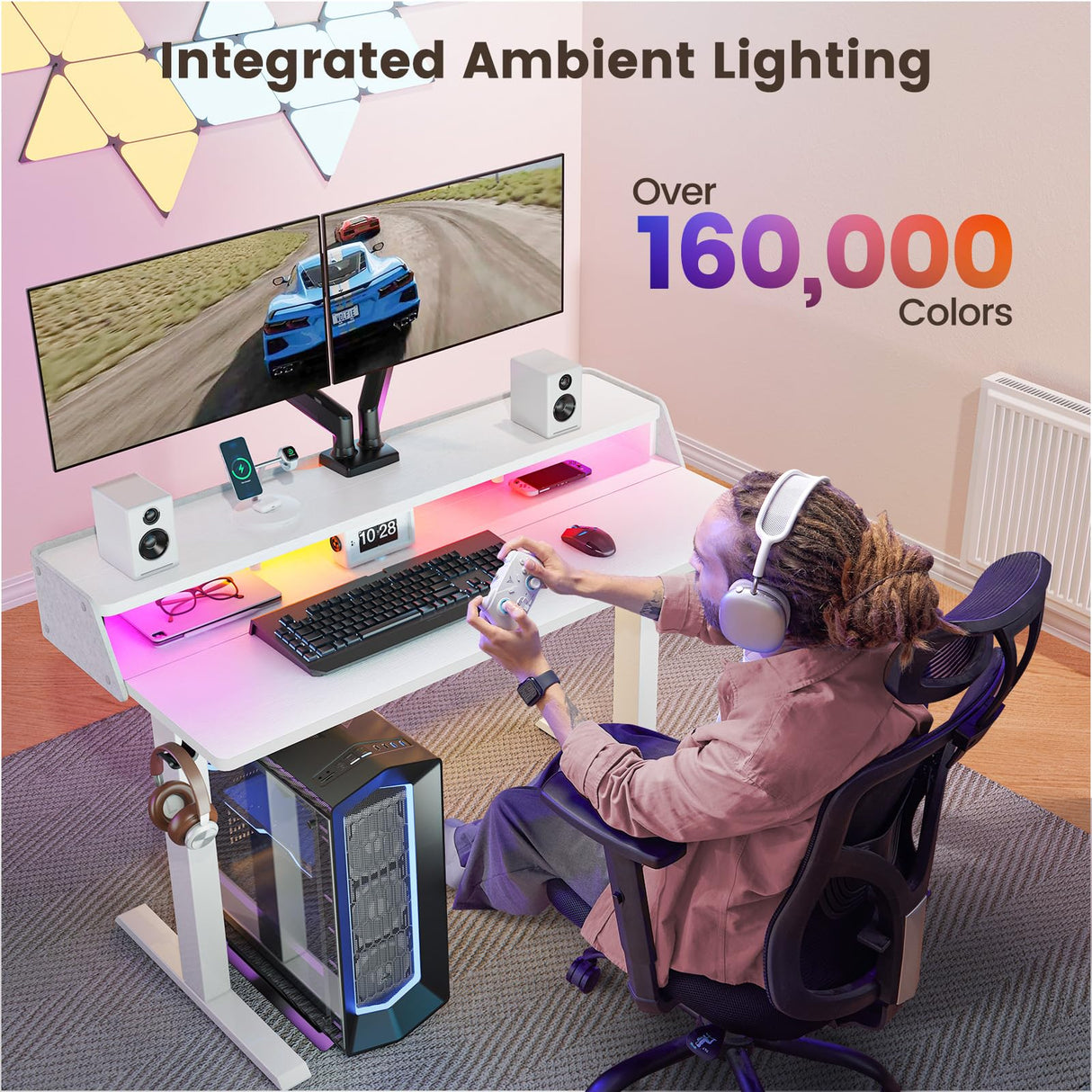 ErGear Standing Desk with LED Strip, 48″ x24″ Electric Height Adjustable RGB Gaming Desk with Shelf, Sit Stand Desk with Dual Cable Holes, C-Clamp Mount Compatible, 4 Preset Heights, White ErGear