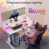 ErGear Standing Desk with LED Strip, 48″ x24″ Electric Height Adjustable RGB Gaming Desk with Shelf, Sit Stand Desk with Dual Cable Holes, C-Clamp Mount Compatible, 4 Preset Heights, White ErGear