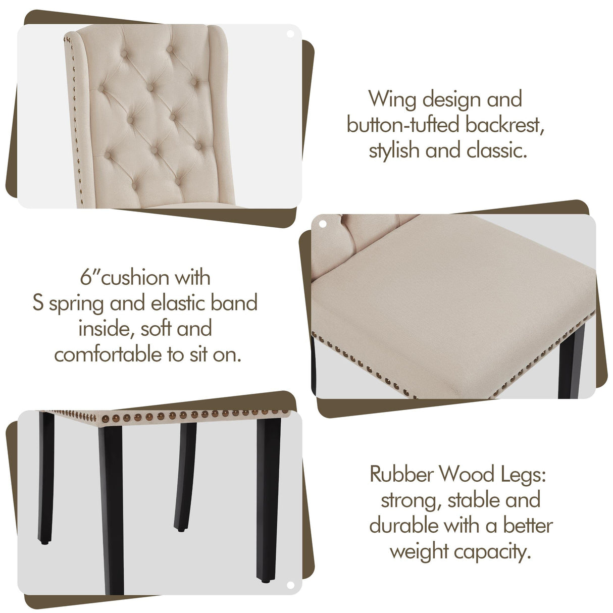 Yaheetech Dining Chairs Upholstered Fabric Chairs Tufted Kitchen Chairs with Solid Wood Legs, Nailhead Trims for Dining Room Kitchen and Restaurant, 1 Package of 2pcs, Beige Yaheetech