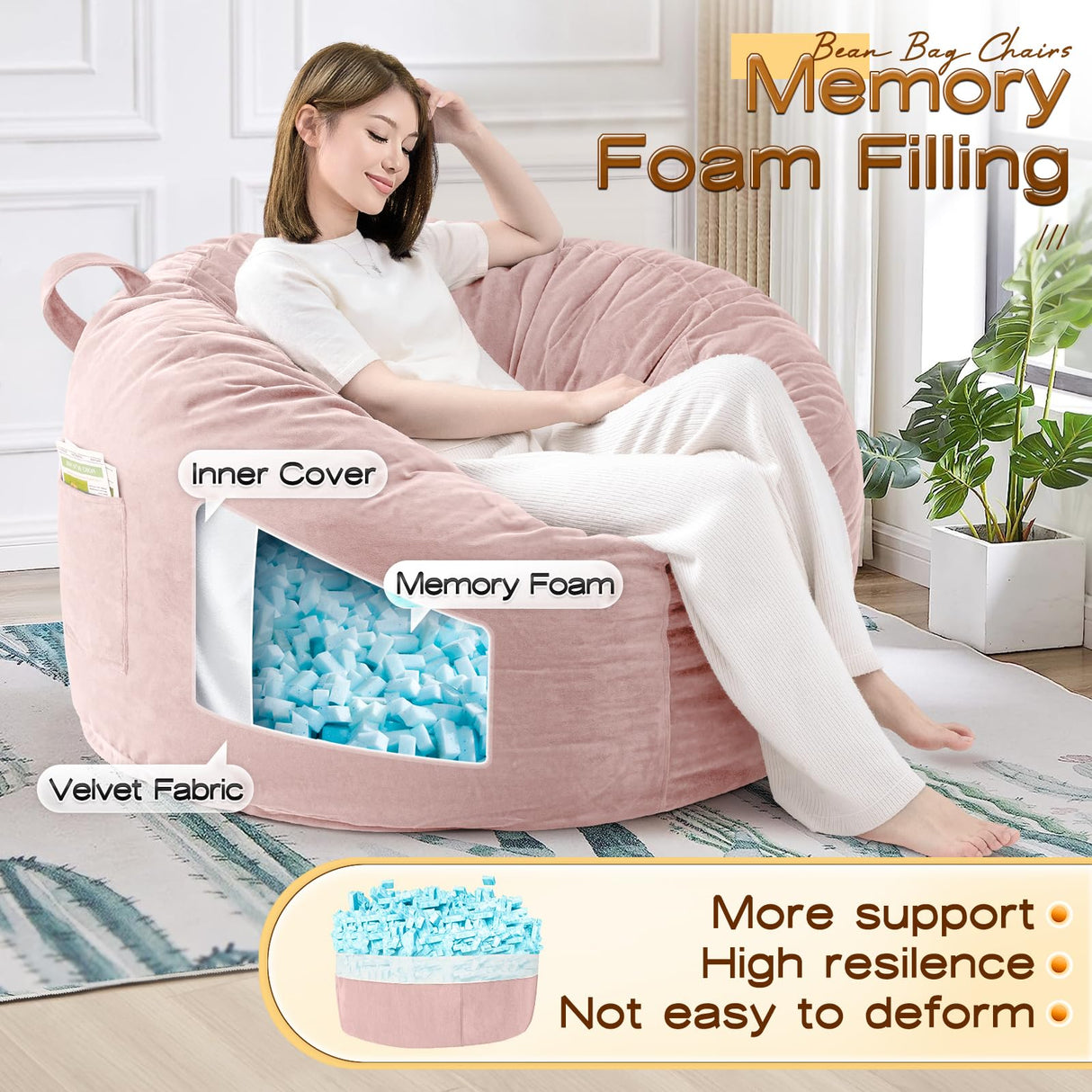 Memory Foam Bean Bag,Multiple Sizes Bean Bag Chairs for Adults,Fluffy Couch for Living Room Bedroom College Dorm,Bean Bag Chair with Filler Included (Pink, 4FT) TaiBest