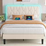 VECELO Upholstered Queen Bed Frame with Headboard Adjustable, Velvet Platform Bed with LED Lights, Charging Station, Mattress Foundation with Wooden Slats, Noise Free, No Box Spring Needed, Beige VECELO