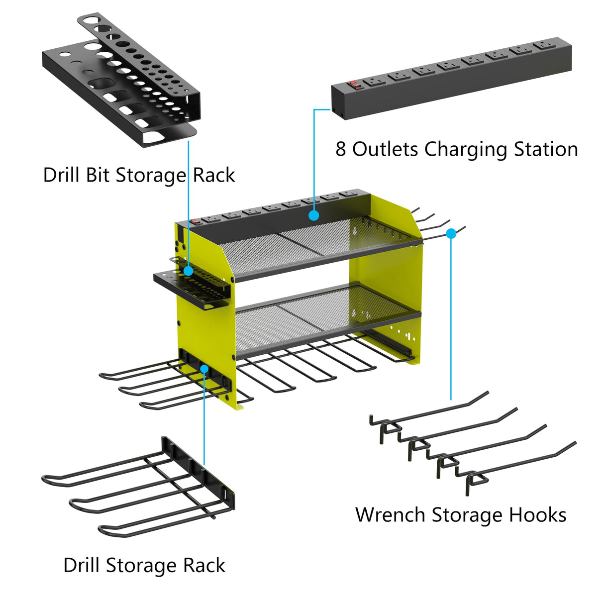 Wall Mount Drill Storage Rack with Charging Station Power Tool Organizer Drill Holder Drill Bit Organizer for Garage Workshop Holds 4 Drills with 8 Outlet Power Strip Christmas Gift(Green Three Layer) Luffioner